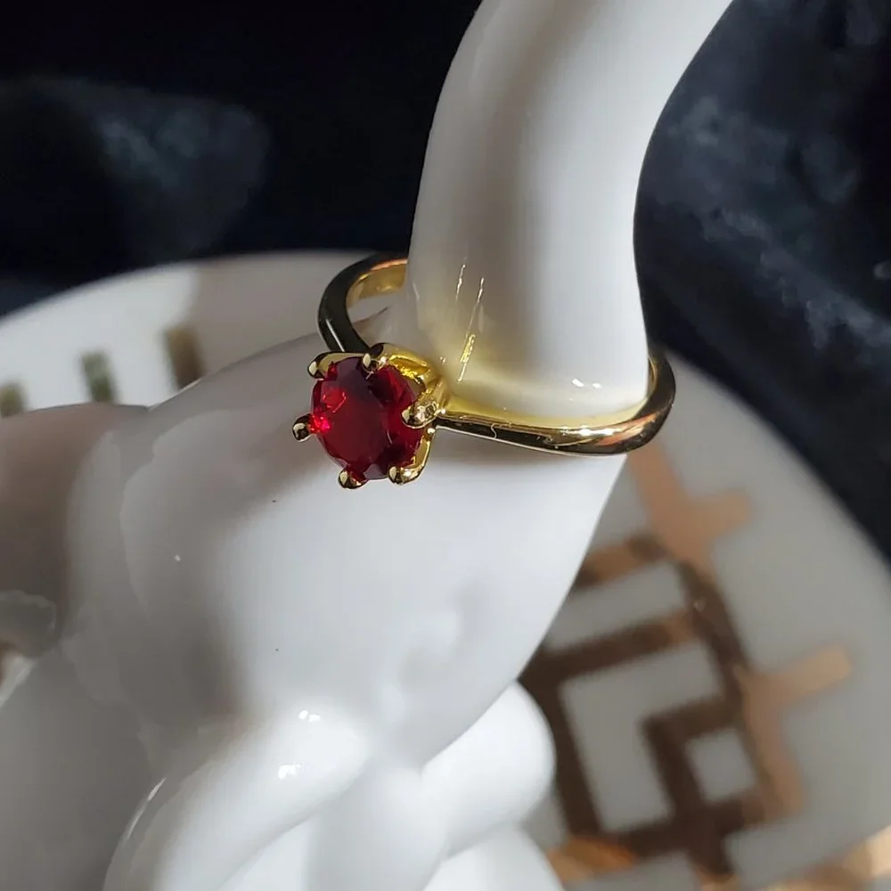 Poppy Engagement Ring 1k CZ Solitaire - Ruby Red on Yellow Gold - Picture 7 of 11